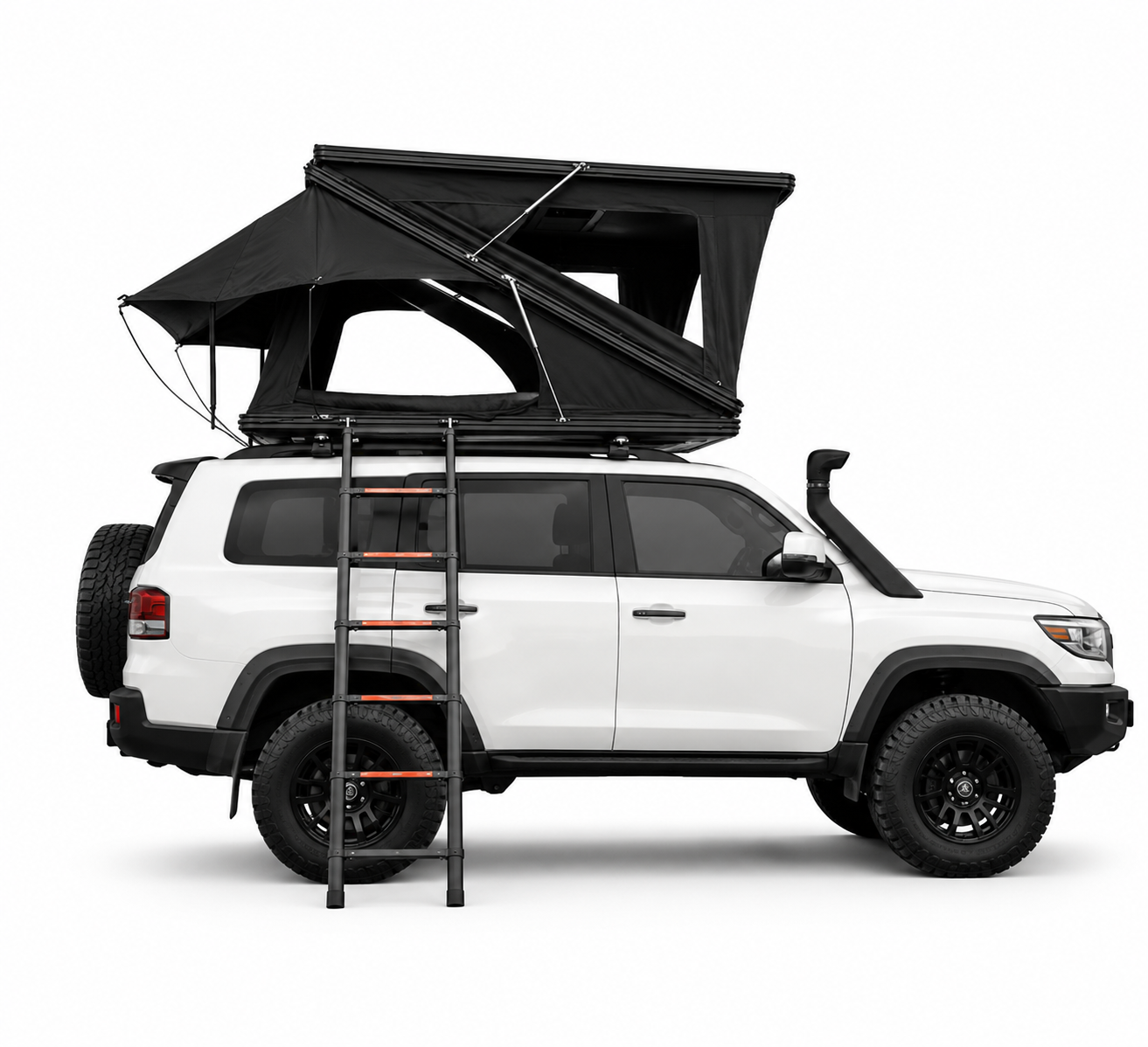 A white SUV with a rooftop tent set up, featuring an extension and a ladder for access.