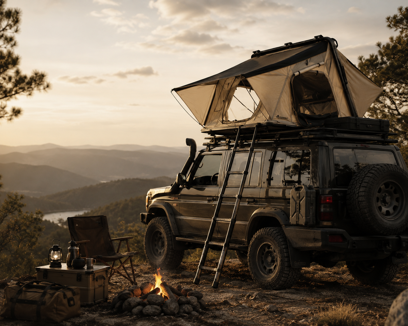 A black off-road vehicle with a rooftop tent and ladder parked on a hilltop during sunset. Camping gear, lantern, and a campfire are in front of the vehicle with mountainous landscape in the background.