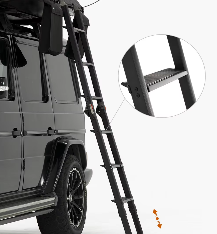 A black extension ladder leaning against a gray vehicle, with a close-up inset showing the ladder's steps.