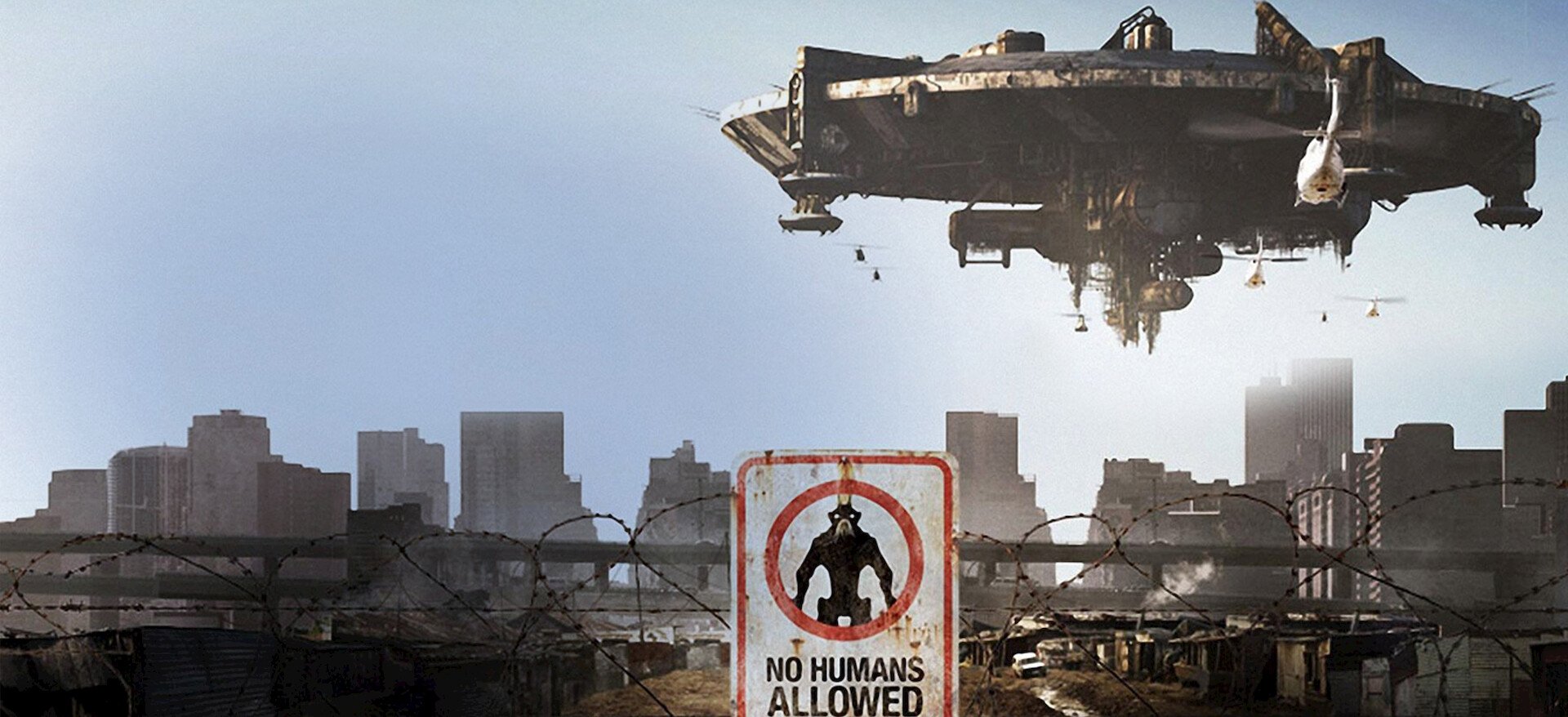 A dystopian cityscape with a large flying spaceship hovering above skyscrapers. In the foreground, there's a barbed wire fence and a sign that reads "No Humans Allowed" featuring a bear silhouette.