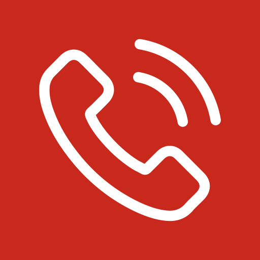 Red background with a white phone receiver icon and signal waves indicating a call.