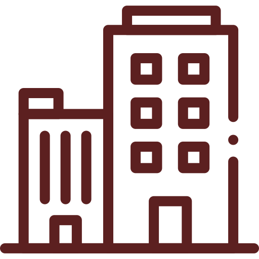Line drawing of three tall buildings, one of which has a grid of windows and a door at the bottom.