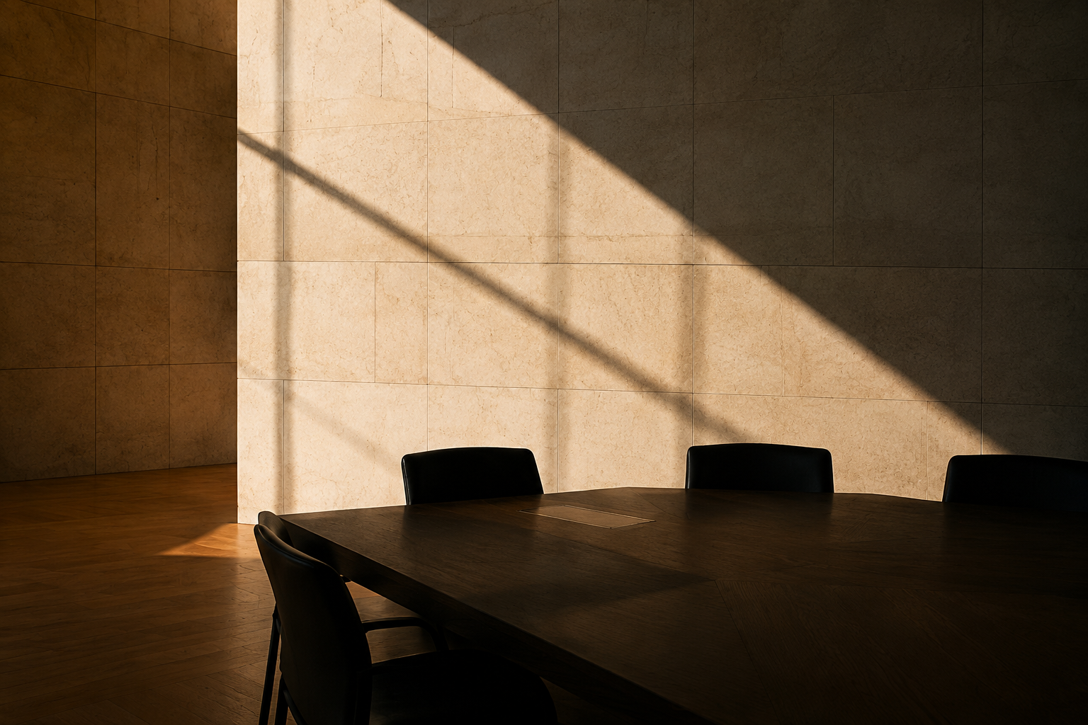 Empty conference room with a wooden table and black chairs, illuminated by sunlight casting shadows on a beige tiled wall.
