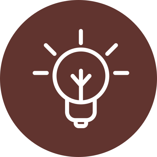 White outline of a light bulb on a brown circular background.