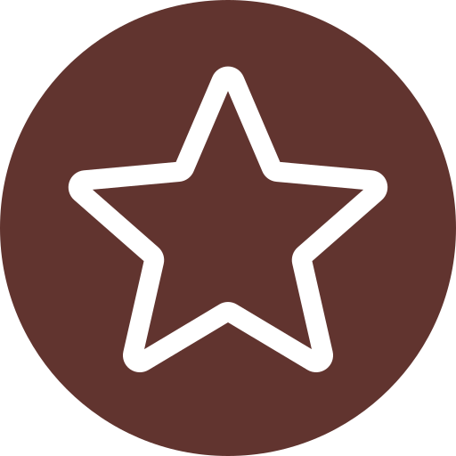White outlined star on a brown circular background