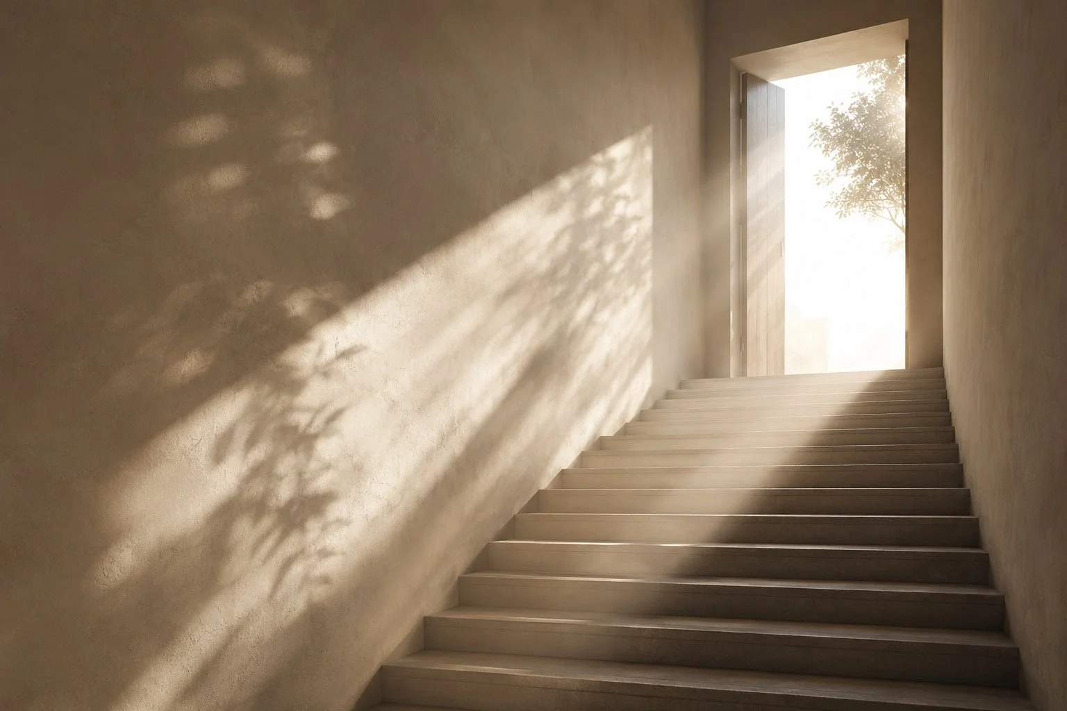 Staircase leading up to an open door with sunlight and a tree outside, casting shadows on the wall.