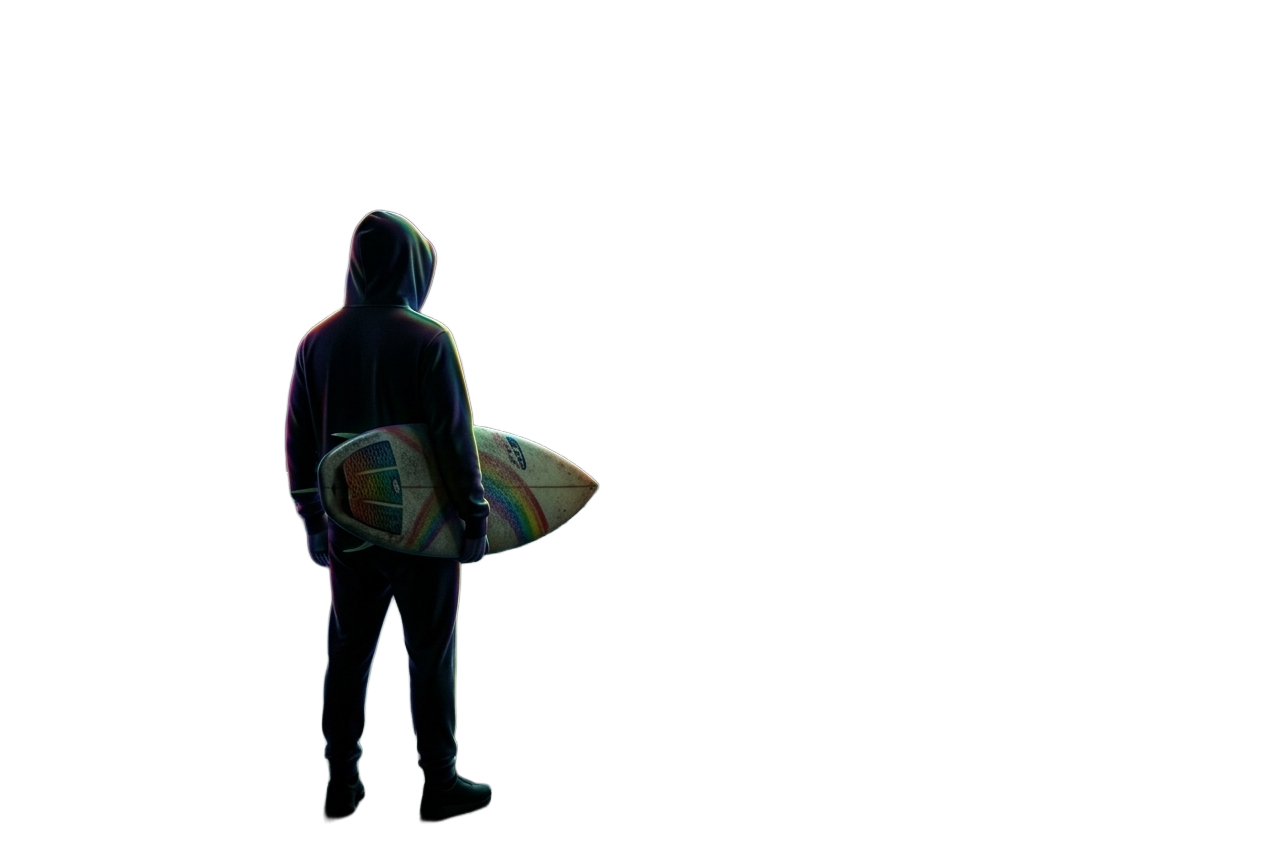 rear view of solitary figure holding a surfboard