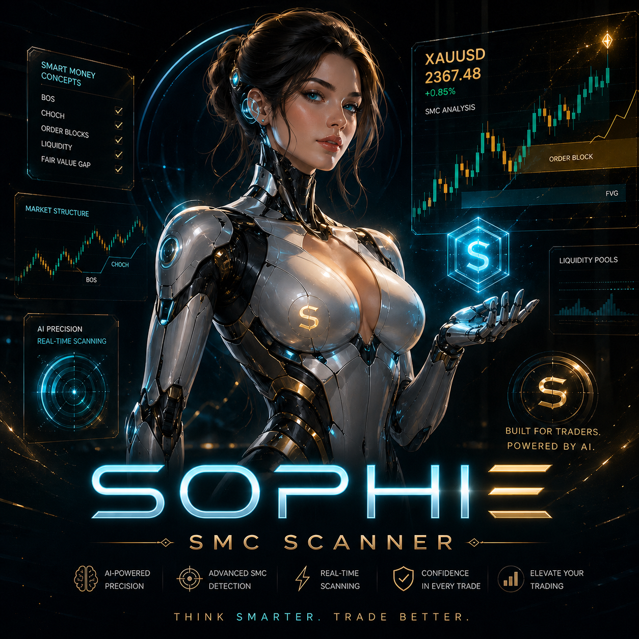 Futuristic woman in robot-like suit presenting trading and market analysis data on a digital screen, with graphs, charts, and icons related to cryptocurrency trading.