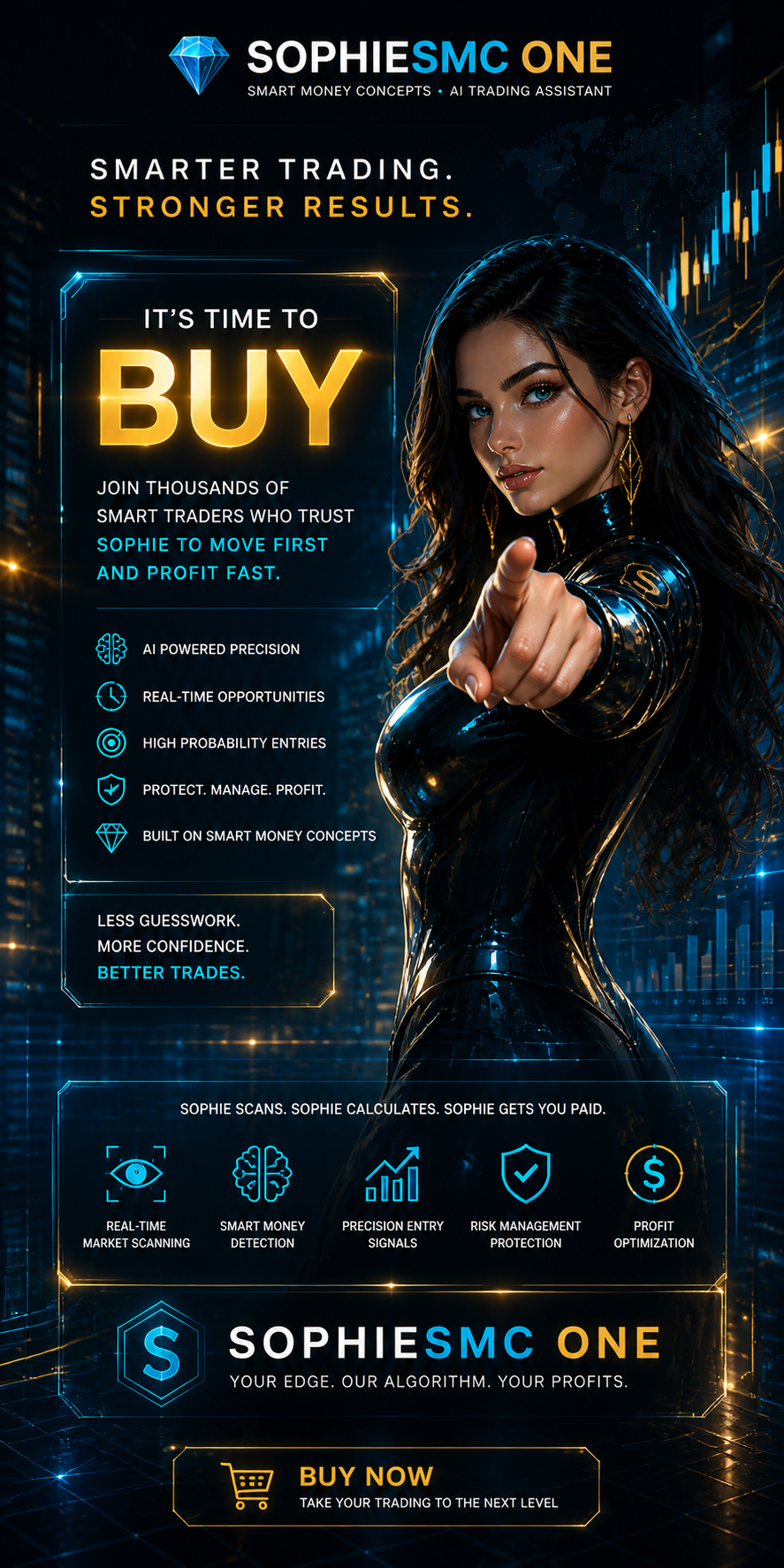 Promotional poster for Sophie SMC One AI trading assistant featuring a woman in black shiny clothing pointing forward. Highlights include phrases about smarter trading, real-time market scanning, smart money detection, and profit optimization, with a 'Buy Now' button and a blue diamond logo.