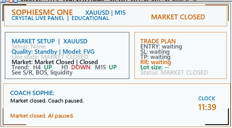 Screen displaying a stock trading platform with market status set to closed, trade plan and market setup details, and a coaching message indicating the market is closed.