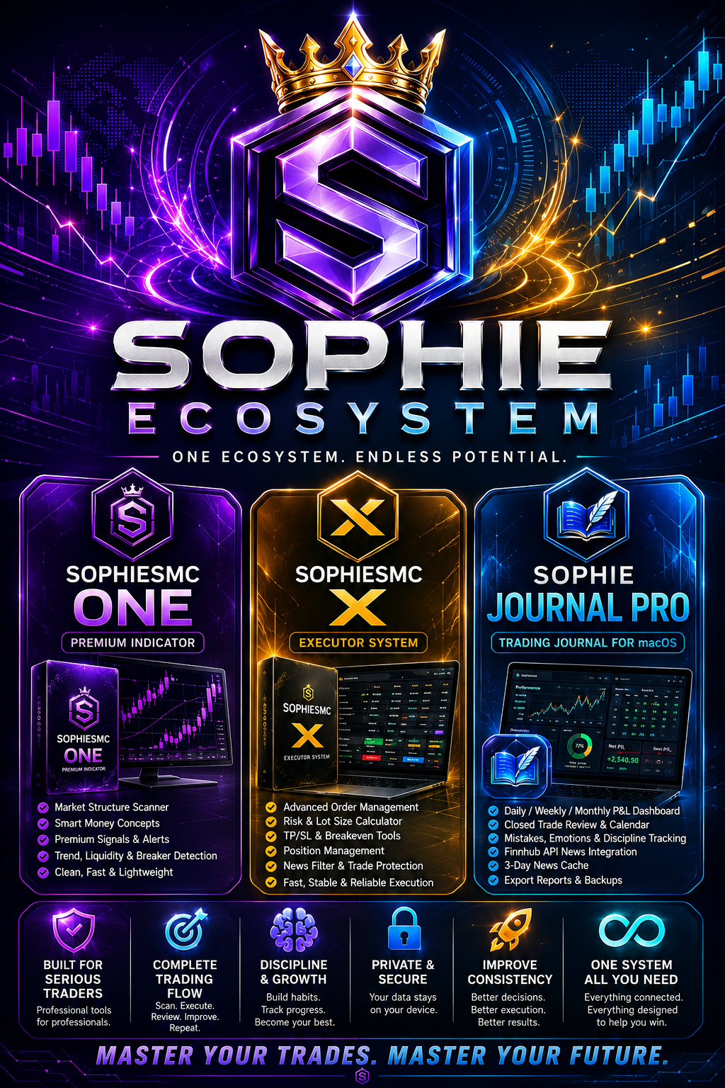 A promotional graphic for Sophie Ecosystem featuring three software products: Sophie MSC One, Sophie MSC X Executor, and Sophie Journal Pro. The banner highlights their features for cryptocurrency trading and analysis.