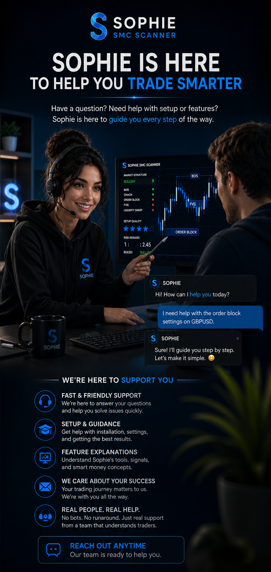 Marketing support scene with a woman in a black hoodie and headphones, sitting at a desk with a computer, a chat support window, and a large screen showing stock market data and analysis for trading using Sophie SMC Scanner