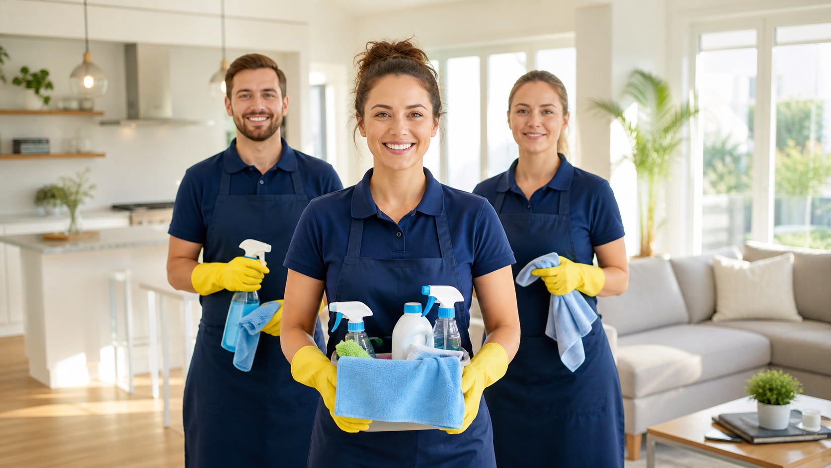 Three professional house cleaners wearing yellow gloves and navy aprons, smiling, holding cleaning supplies in a bright, modern living room.