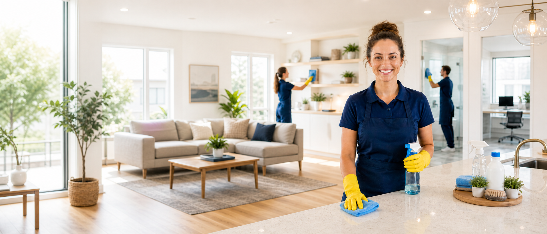 Two women cleaning a modern living room and kitchen. One woman is smiling at the camera, holding cleaning supplies, while the other is cleaning a shelf in the background.