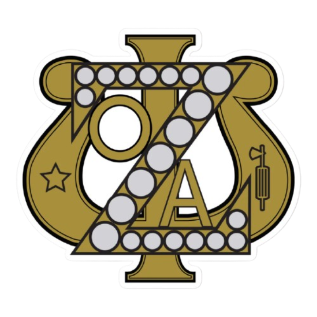 Gold and white sorority emblem with the Greek letters Pi, Lambda, Omicron, and Kappa, decorated with stars, a diploma, and circular light bulbs.