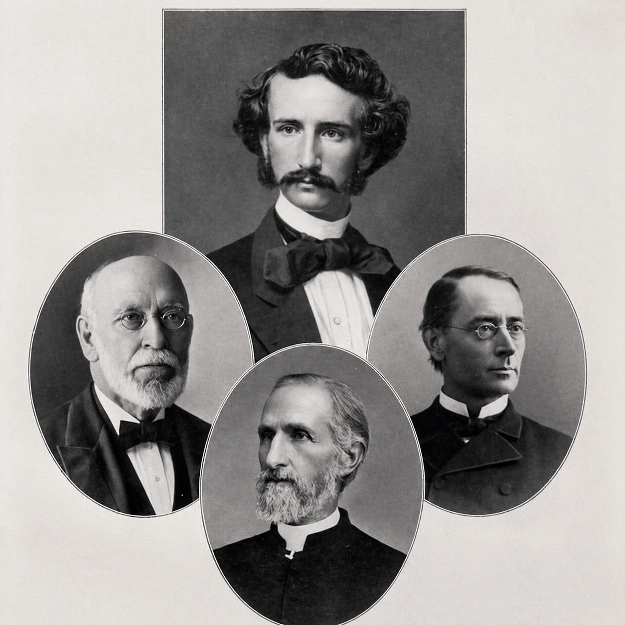 Black and white photograph of five men, with one larger portrait at the top and four smaller portraits below, featuring historical figures in formal attire with beards and glasses.