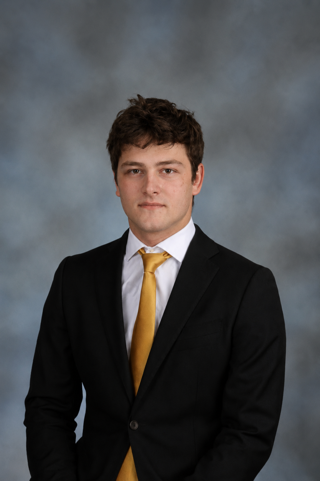 A young man with dark brown hair wearing a black suit, white shirt, and gold tie, posing against a blurred blue-gray background.