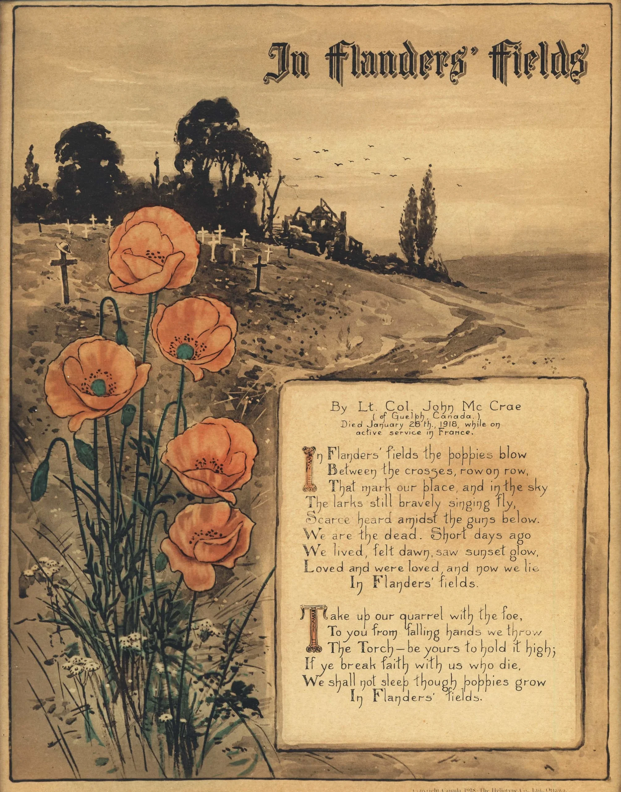 A vintage illustration of a landscape with orange poppies, trees, crosses, and a church in the background. The illustration accompanies a poem titled 'In Flanders Fields' by Lt. Col. John McCrae.