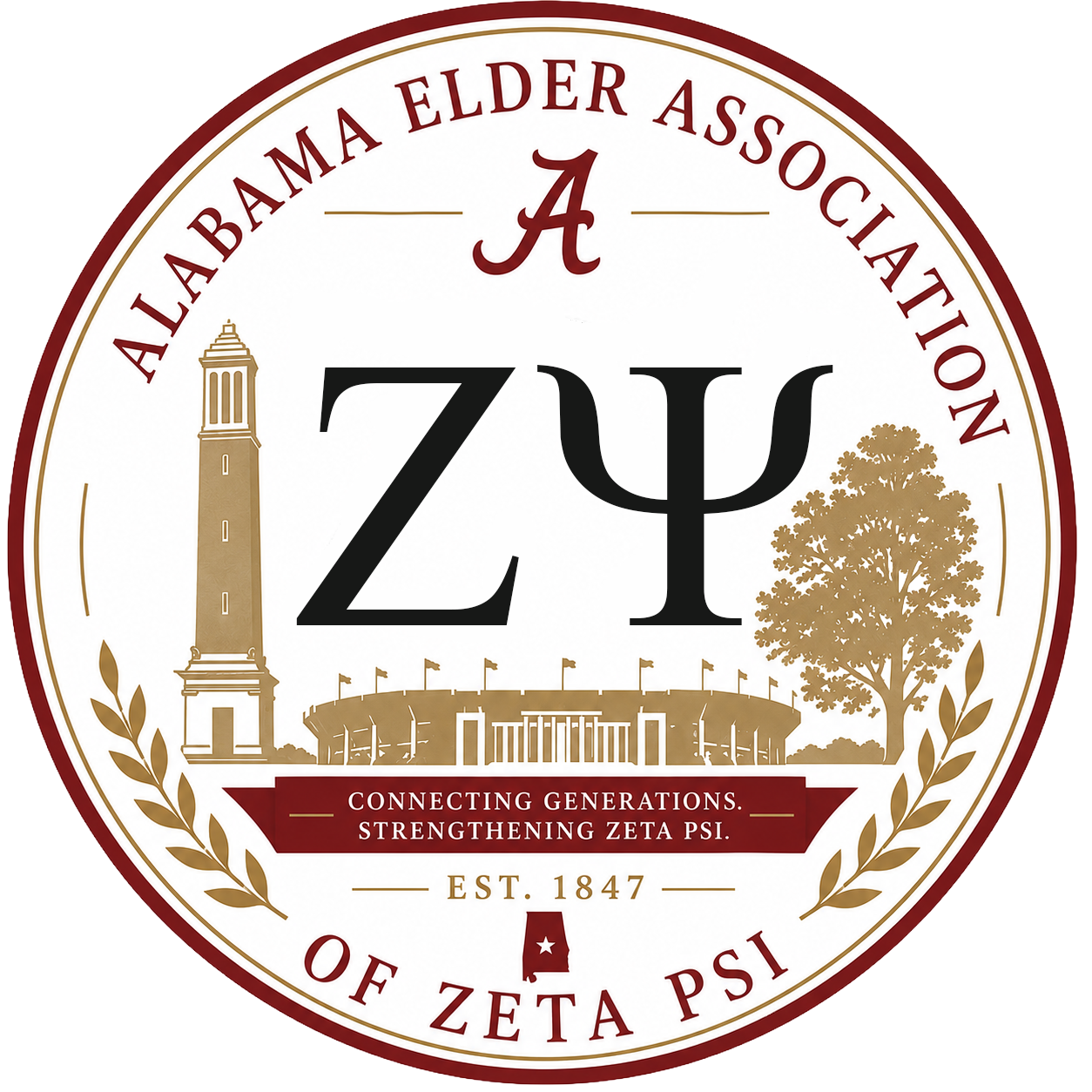 A circular emblem for the Alabama Beta Alpha chapter of Zeta Psi fraternity, featuring a tower, a stadium, and a tree, with the fraternity’s Greek letters ΖΨ in the center and the text "Connecting Generations. Strengthening Zeta Psi" and "Est. 1847" around the circle.