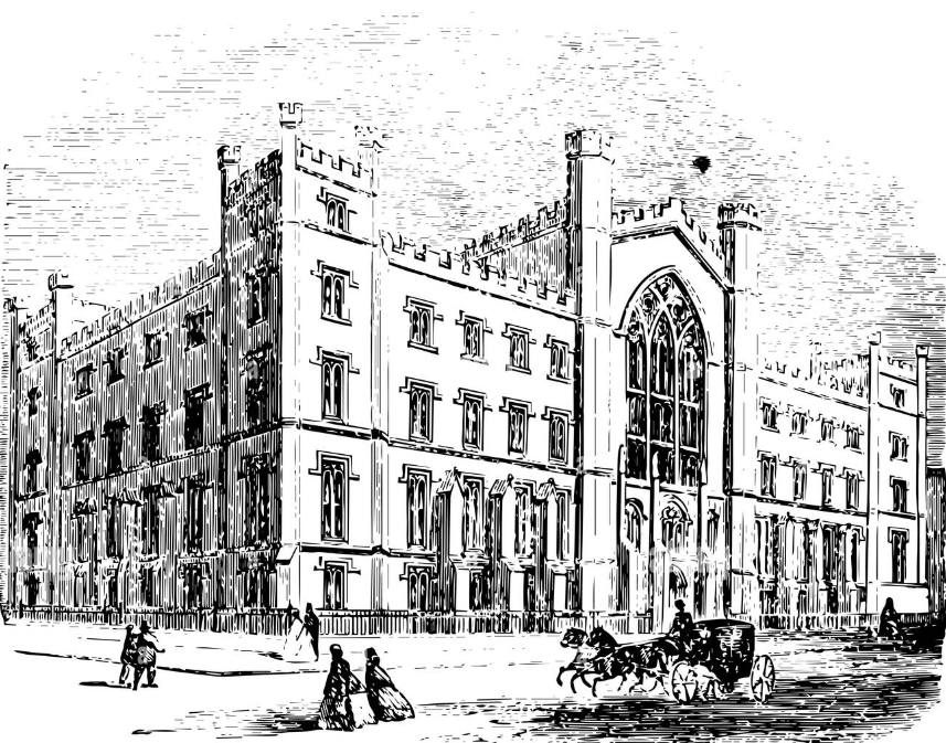 A historical castle-like building with Gothic architectural features and a large arched window, with people and horse-drawn carriages in front.