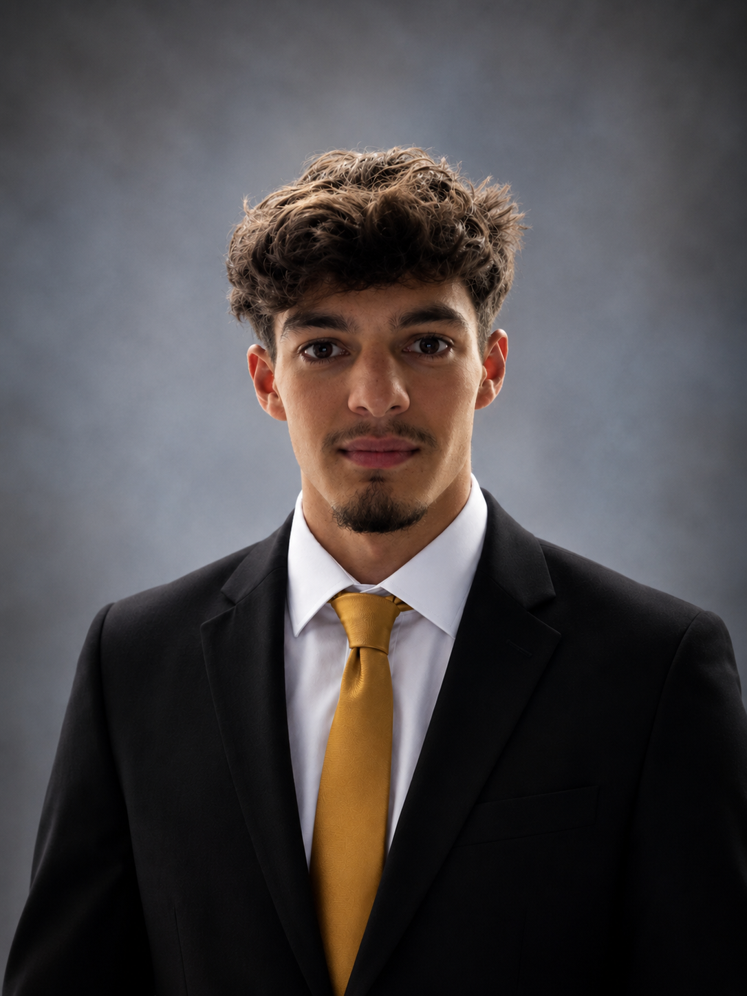 Headshot of a young man with curly brown hair, wearing a black suit, white shirt, and a gold tie, against a gray gradient background.