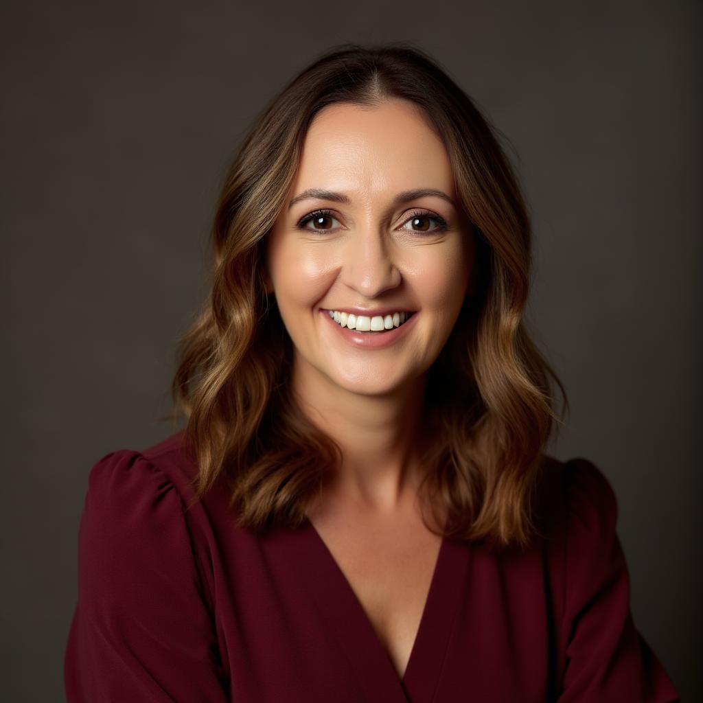 A smiling woman with shoulder-length brown hair wearing a maroon top against a dark background.