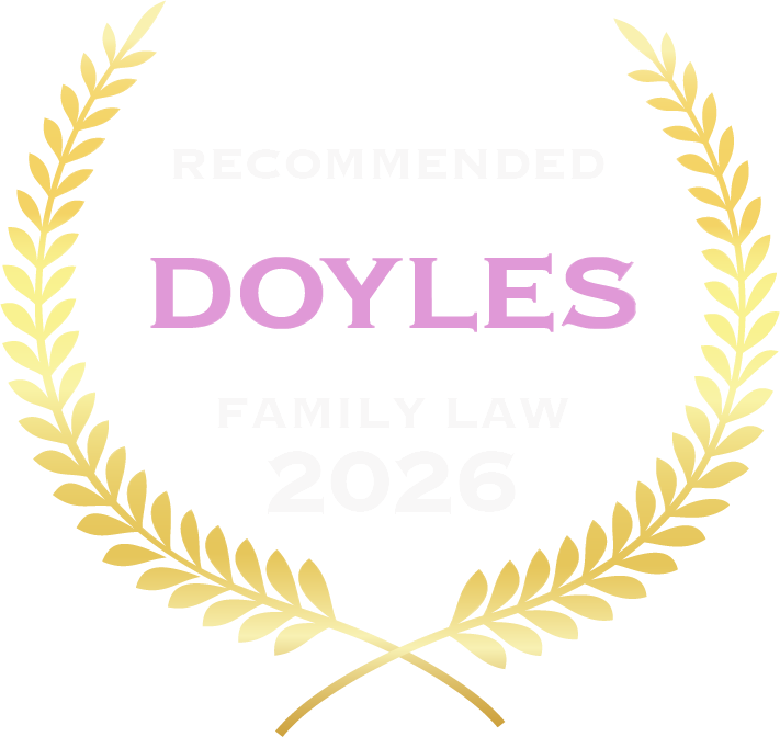 Doyles Recommended Family Law 2026 logo with a gold wreath and pink and white text.