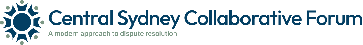 Logo of the Central Sydney Collaborative Forum with a stylized blue and green gear symbol and the slogan 'A modern approach to dispute resolution'.