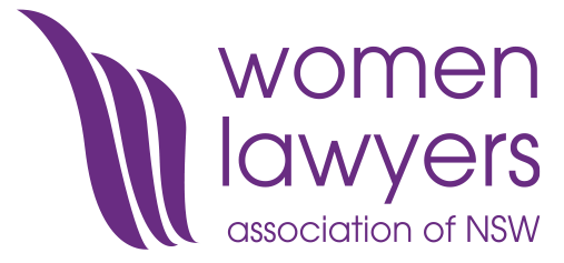 Logo of the Women Lawyers Association of NSW in purple with stylized purple stripes.