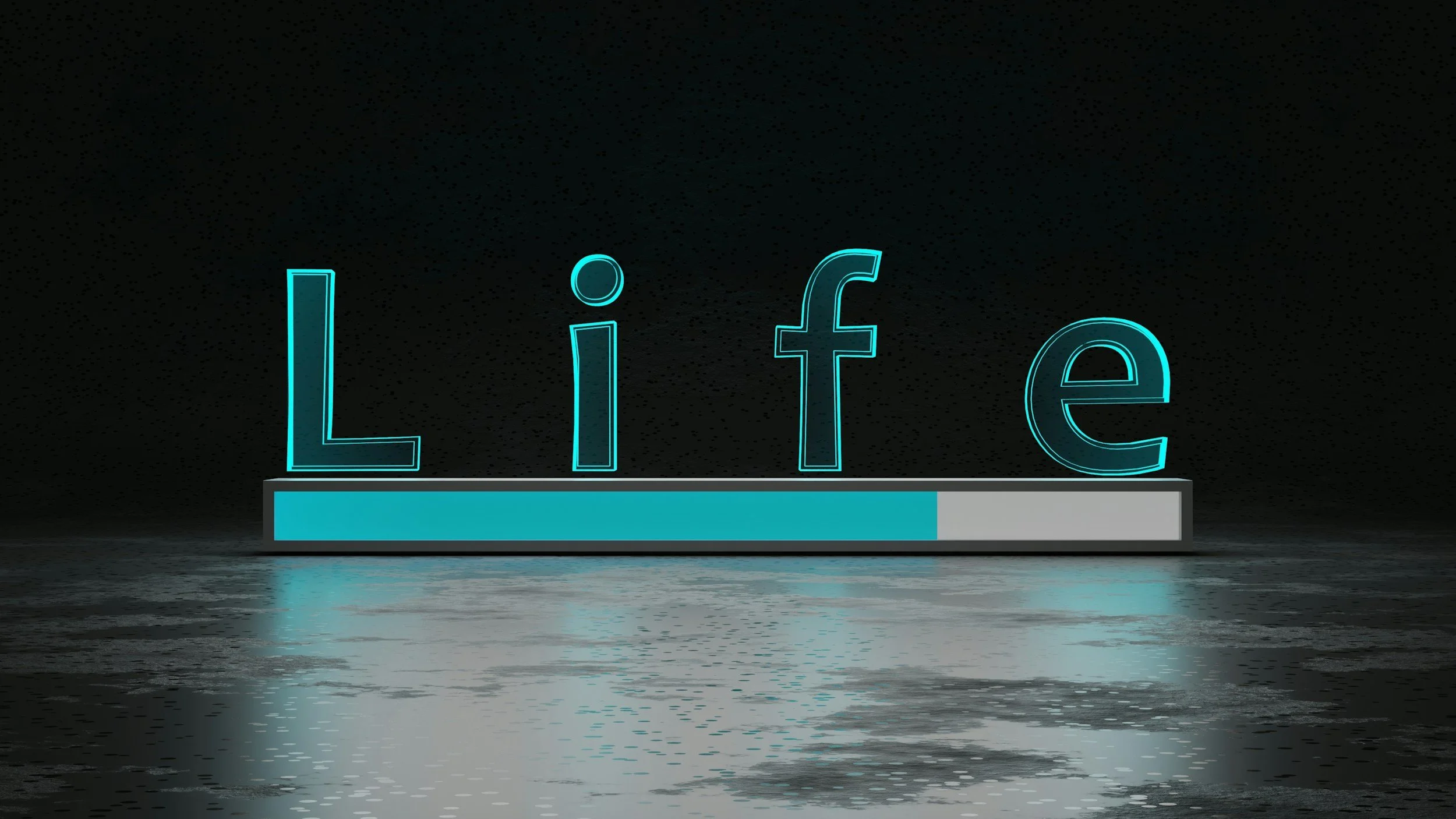 A digital rendering of the word 'Life' in glowing blue letters on a dark background. A progress bar is positioned below the text, partially filled in blue.