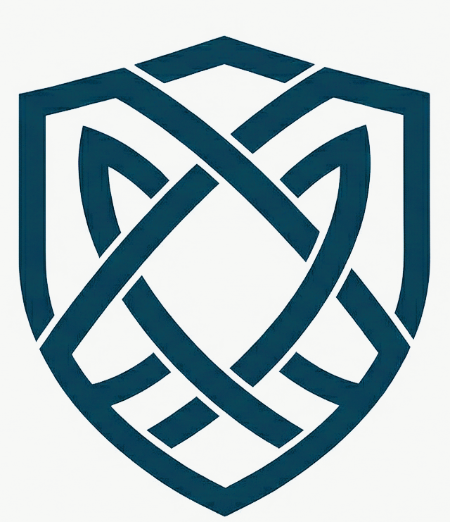 A blue shield with an intricate knot design in the center.