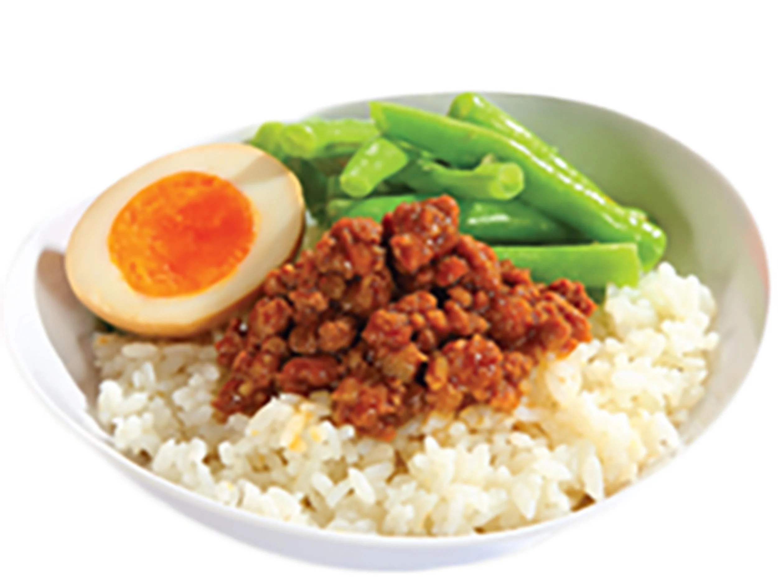 A white bowl filled with rice, topped with chopped green beans, a halved soft-boiled egg, cooked ground meat, and some cooked vegetables.