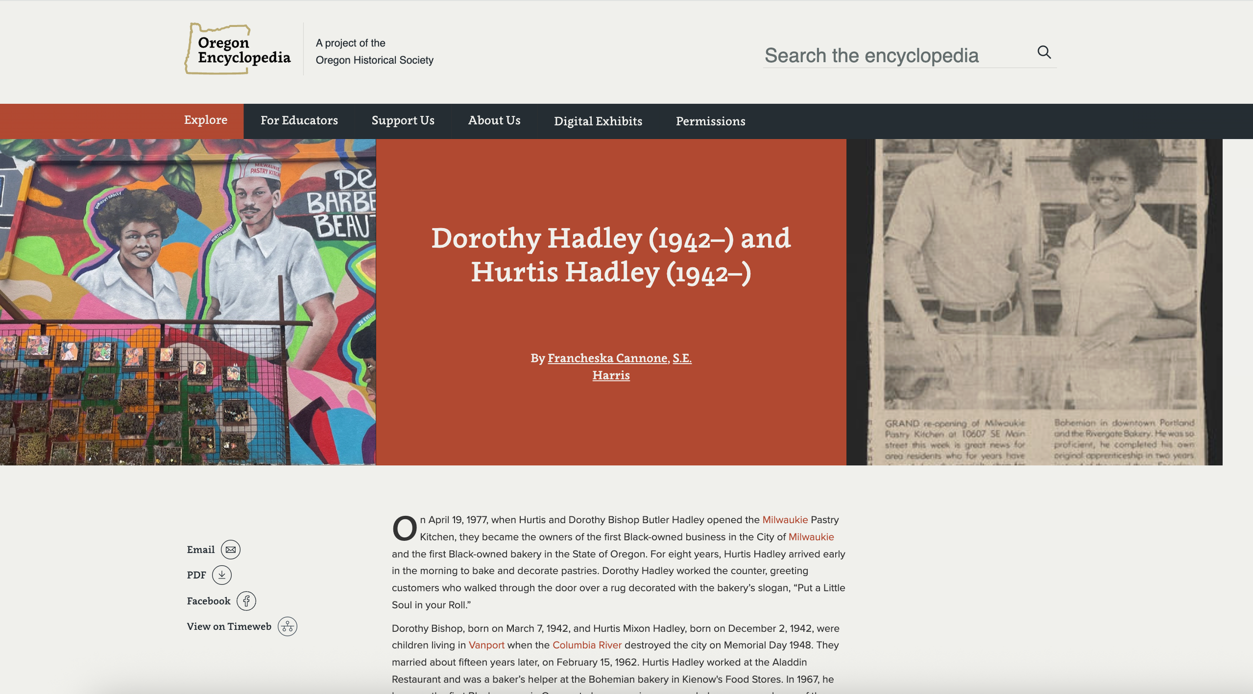 Screenshot of Oregon Encyclopedia website. Website displaying the names of Dorothy and Hurtis Hadley on a burnt orange background. Corresponding newspaper clippings and photographs are on the edge of the display.