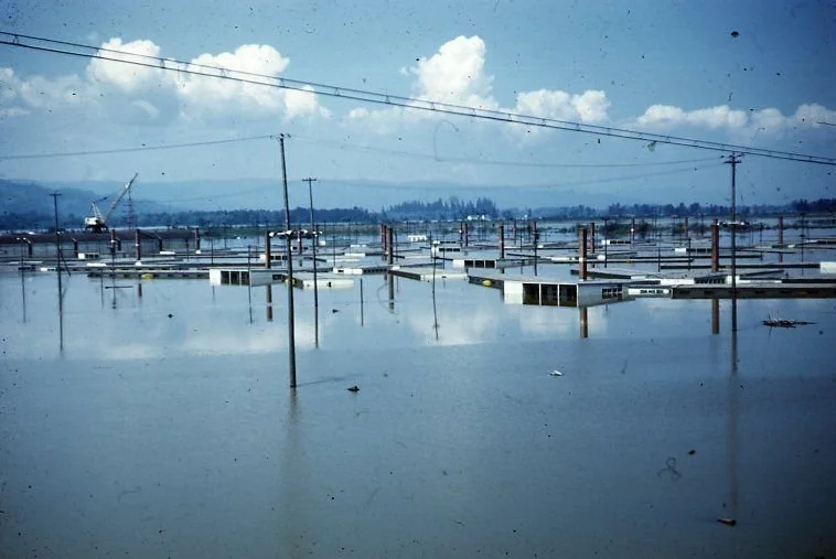 Cloudy sky above a flooded marina. No boats in the marina, and power lines extend across the top of the photograph. 