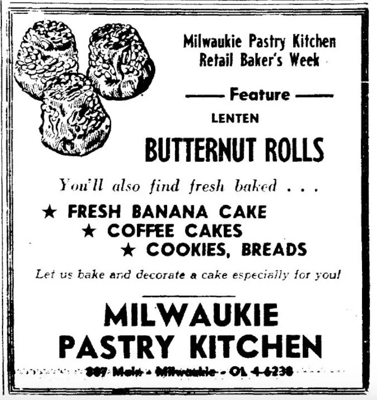 Black and white newspaper advertisement featuring the Milwaukie Pastry Kitchen's fresh baked pastries. Food advertised includes fresh banana cake, coffee cakes, cookies, and breads.  Small illustration of rolls at the top of the advertisement. 