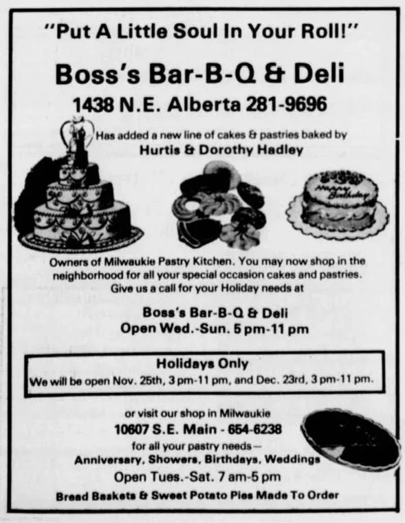 Black and white advertisement with black ink and white bakground. Ad reads "Put a little soul in your roll - Boss's Bar-B-Q & Deli" and includes illustrations of cakes and pastries. Includes hours, address, and information about business.