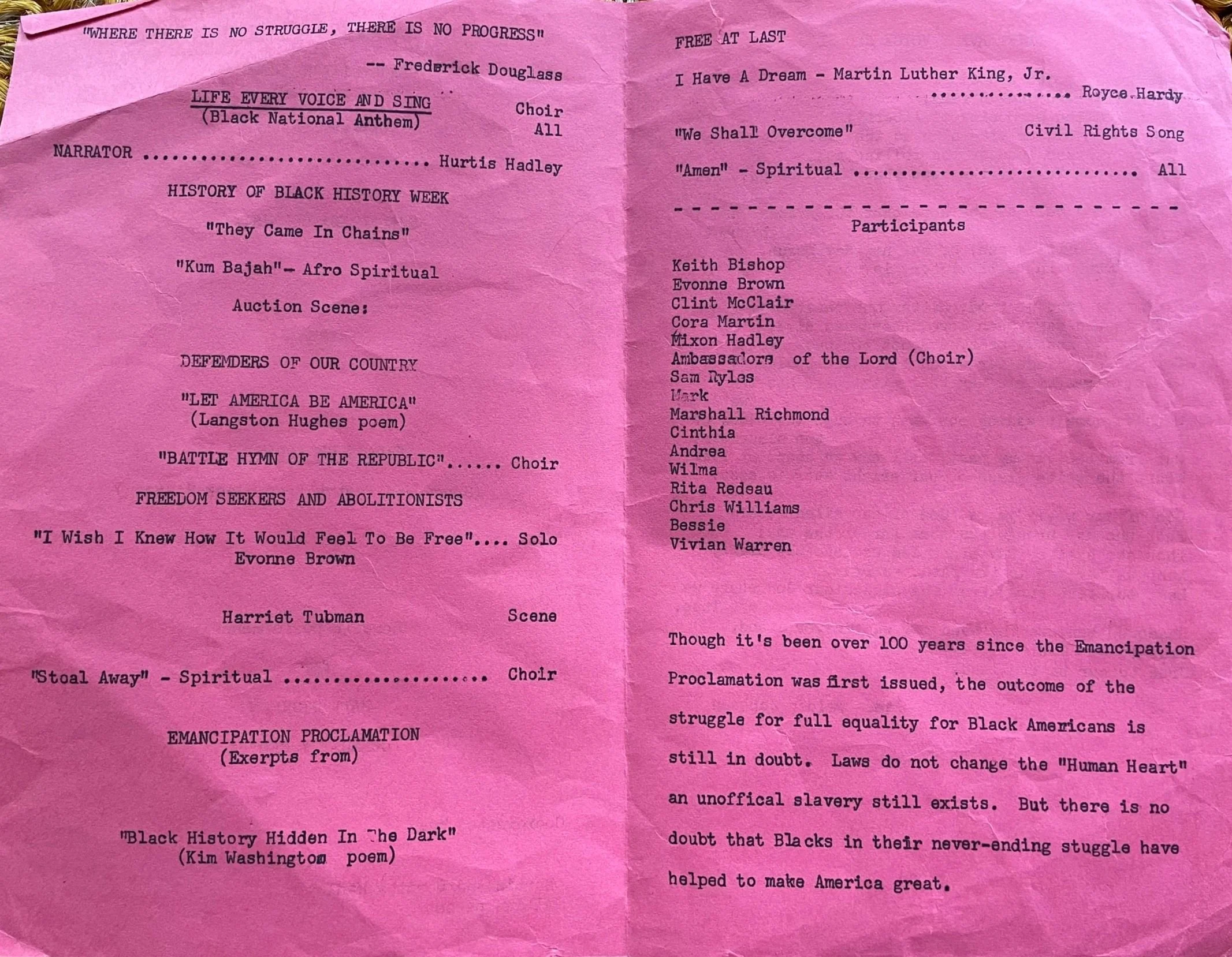 Red paper with black ink. Photograph depicts inside of the a play booklet, and lists the songs and corresponding singers.