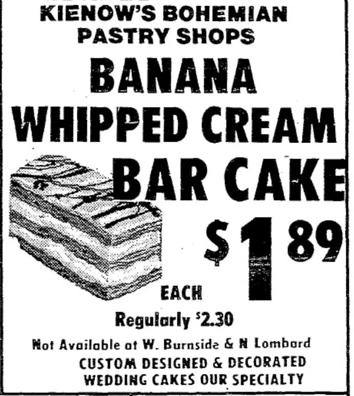 Black and white advertisement featuring a large illustration of a car cake. Text around illustration reads: "Kienow Pastry Shops Banana Cream Bar Cake $1.89"