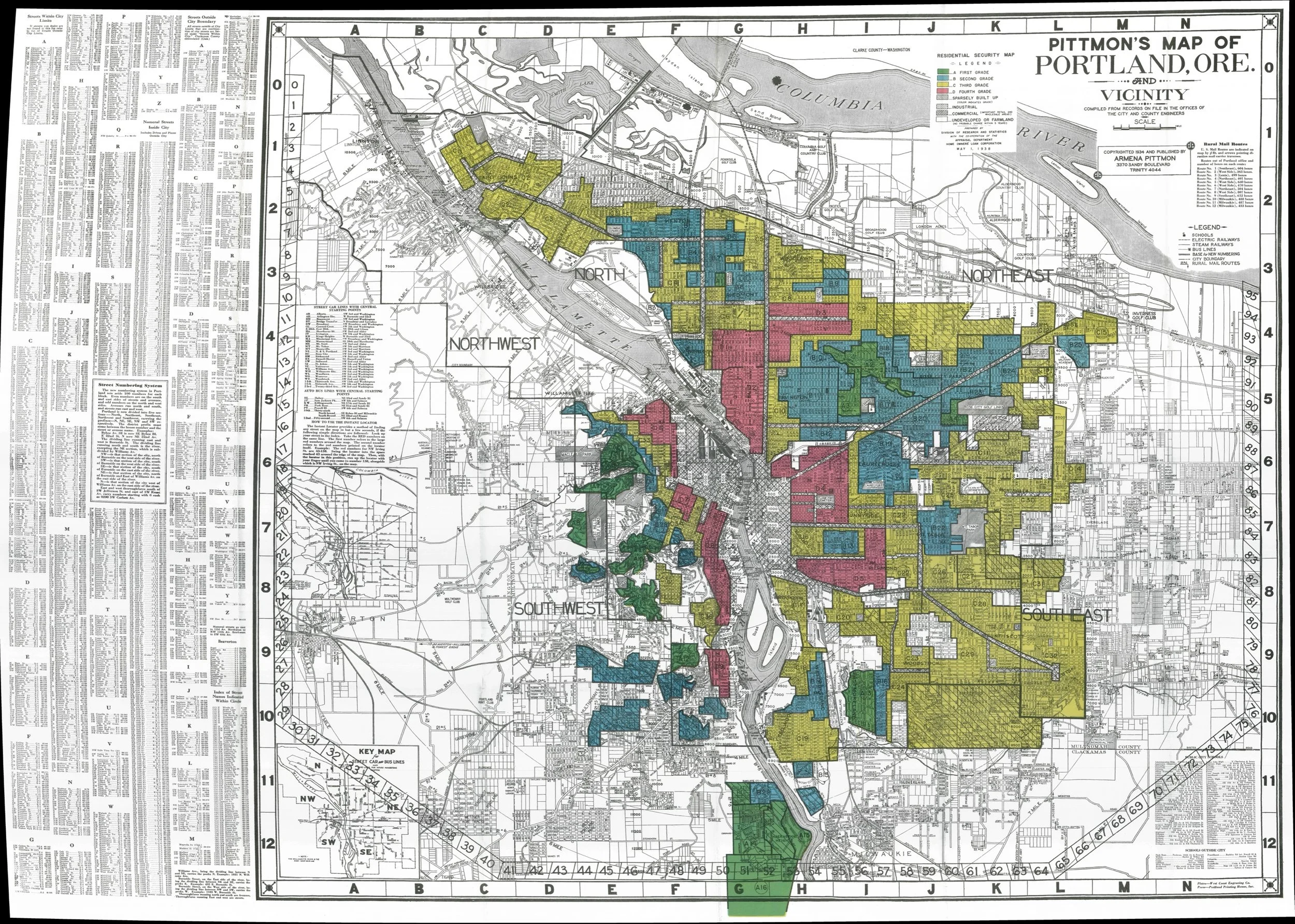 Map depicting the streets and neighborhoods in Portland, Oregon. Map is color coded in green, blue, yellow, and red. Red neighborhoods are visible in all areas that "urban renewal" would take effect in Portland in the 1950s and 1960s. 