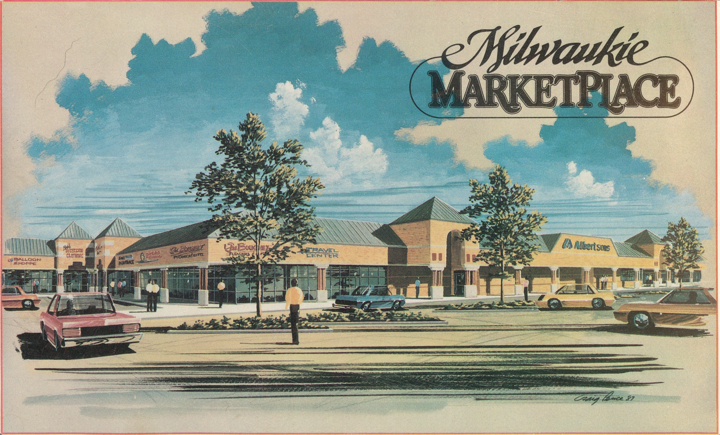Colorful sketch of a shopping center wit a large parking lot. There are multiple large trees planted near the shops and fluffy clouds in the sky. 