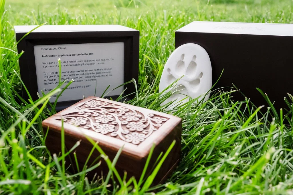 A wooden box with a floral carved design, a white paw print soap, and a framed paper with instructions, all placed on green grass.