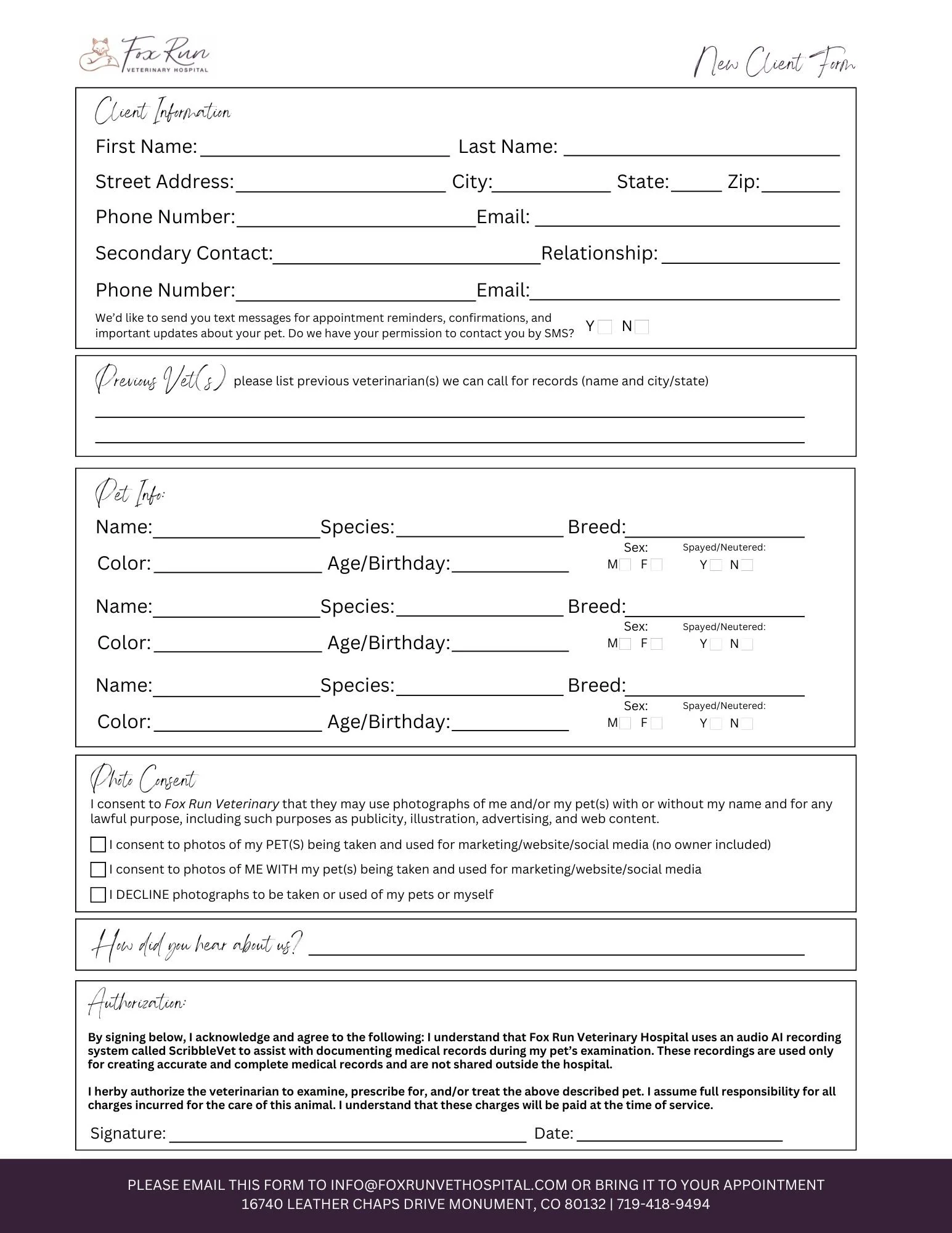 A veterinary hospital new client form from Fox Run Veterinary Hospital, including sections for client information, pet details, previous vet history, consent, and signature fields.