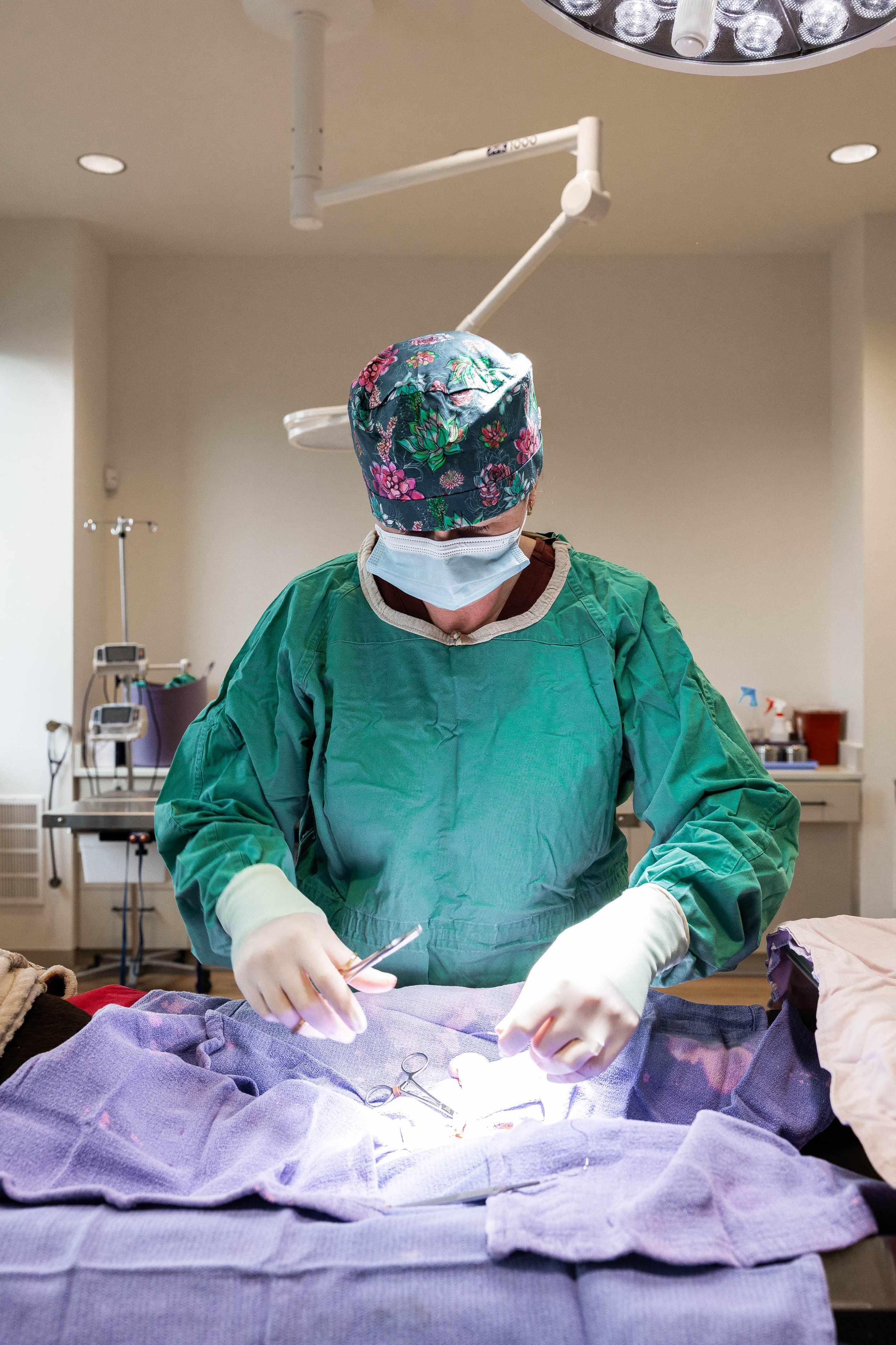 A medical professional wearing a floral scrub cap, face mask, and green surgical gown performing a surgical procedure in an operating room, working on a patient covered with a purple cloth.