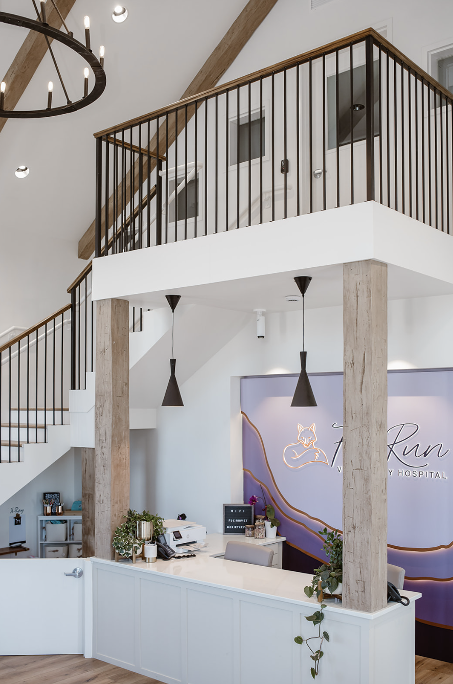 Reception area of a veterinary hospital with a white counter, potted plants, and a large purple sign with a fox logo, wooden beams on the ceiling, and modern black pendant lights hanging between the upper and lower levels.