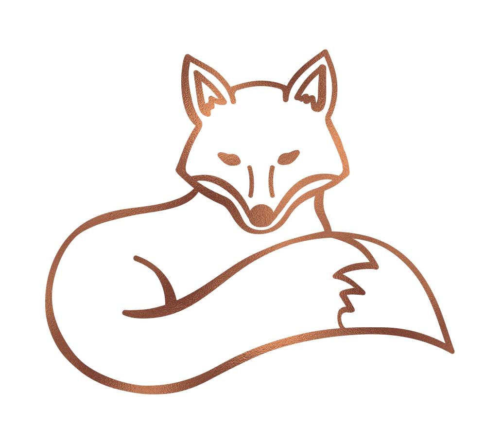 A minimalist line drawing of a fox curled up with its tail wrapped around its body, rendered in copper color on a black background.