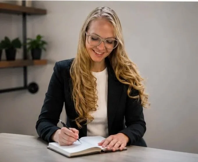 A young woman with long blonde hair, wearing glasses and a black blazer, smiling while writing in a notebook at a desk.