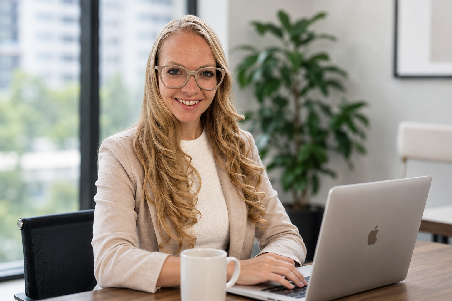 A woman with long, wavy blonde hair, wearing glasses and a beige blazer, sitting at a desk with a laptop, smiling in an office with large windows and a plant in the background.