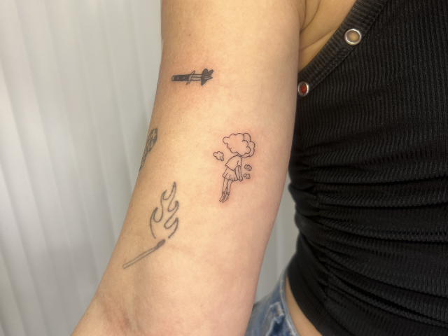Sticker sleeve on inner arm fine line tattoo by banksia and blade