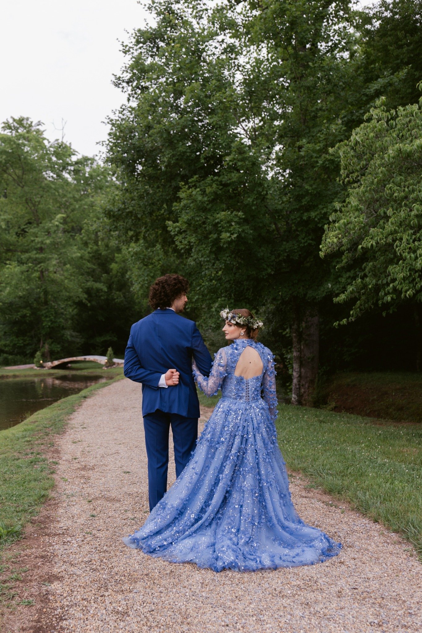 ramble-creek-pond-path-blue-wedding-dress-portrait.jpg