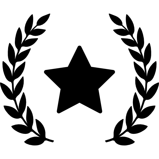 Award icon with a black star surrounded by laurel branches.